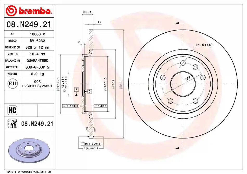 Гальмівний диск зад. Journey 08-/Voyager 11- (328x33mm) BREMBO 08.N249.21 (фото 1)