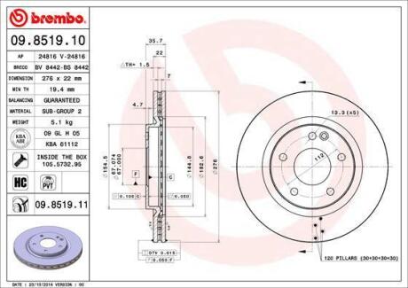 Гальмівний диск пер. W168 97- (276x36mm) BREMBO 09.8519.11