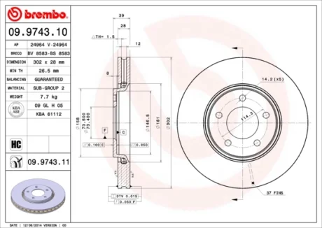Гальмівний диск BREMBO 09.9743.11