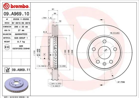 Гальмівний диск BREMBO 09.A969.11 (фото 1)