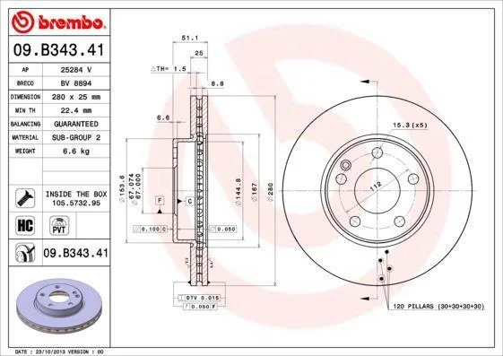 Диск гальмівний BREMBO 09.B343.41 (фото 1)