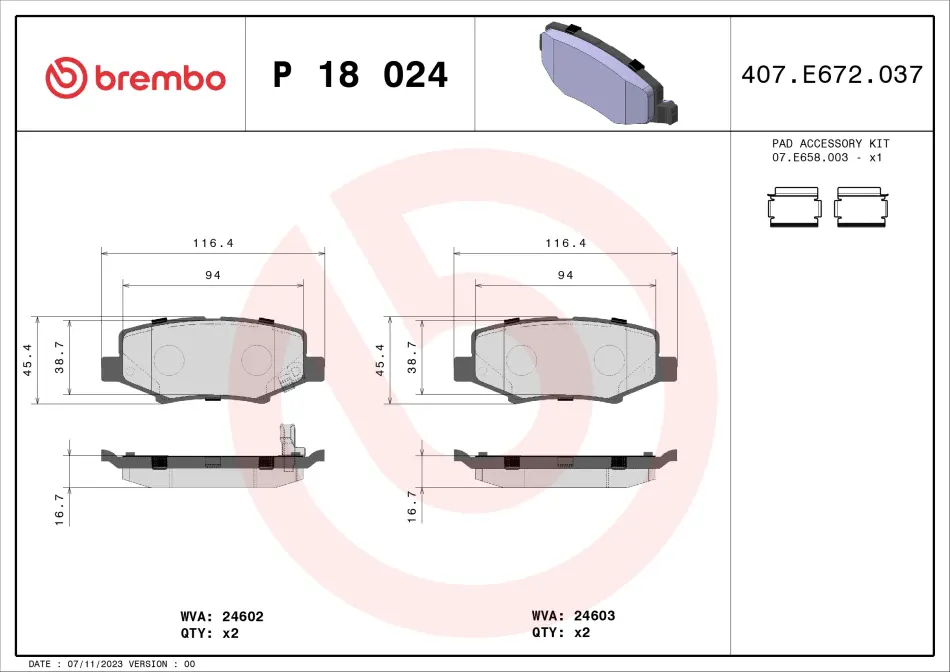 Комплект тормозных колодок из 4 шт. дисков BREMBO P18024 (фото 1)