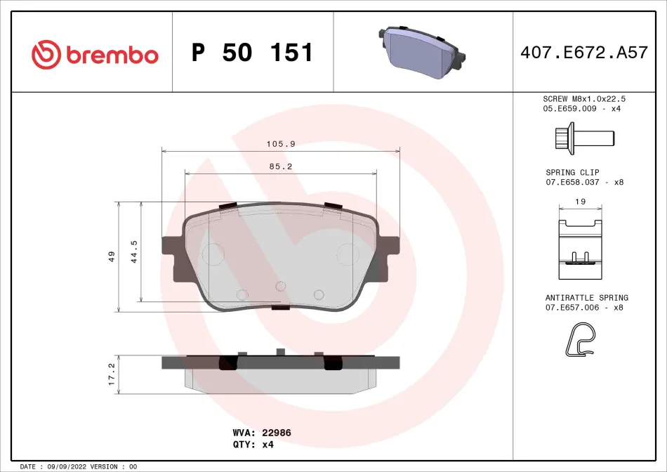 Колодки тормозные дисковые (комплект 4 шт.) BREMBO P50151 (фото 1)