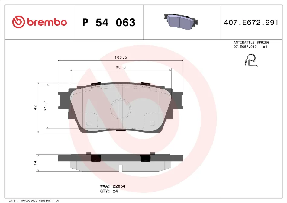 Колодки тормозные дисковые (комплект 4 шт.) BREMBO P54063 (фото 1)