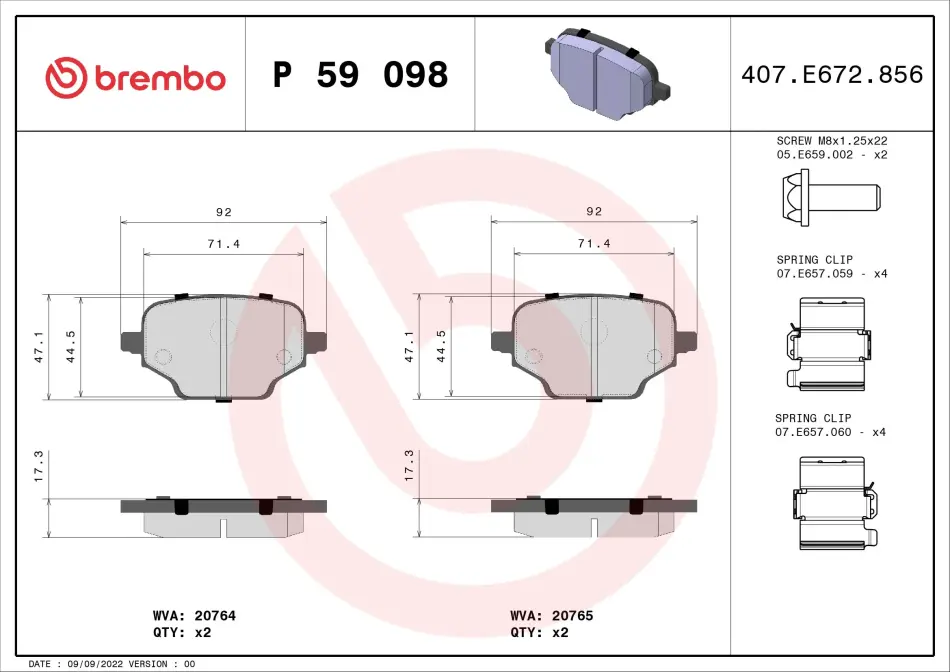 Колодки тормозные дисковые (комплект 4 шт.) BREMBO P59098 (фото 1)