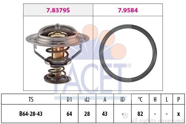 Термостат (з прокладкою 64mm, 82°C) Nissan Navara, Pathfinder 2.5 DCi (05-), X-Trail 2.2 DCi (01-) (7.8649) Facet FACET 78649 (фото 1)