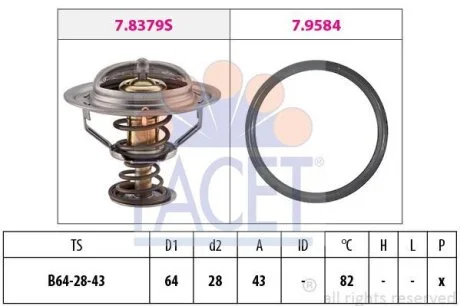 Термостат (з прокладкою 64mm, 82°C) Nissan Navara, Pathfinder 2.5 DCi (05-), X-Trail 2.2 DCi (01-) (7.8649) Facet FACET 78649