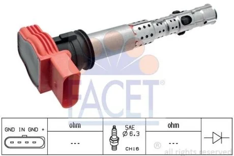 Катушка зажигания Audi A4/A5/A6/A7/A8/Q5/Q7 / VW Touareg 2.0-5.2 i/FSI/TFSI 02-> (9.6327) Facet FACET 96327