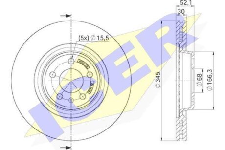 Диск гальмівний (передній) Audi A4 07-/Q5 08-/Porsche Macan 14- (345х30) (з покриттям) (вент.) ICER 78BD4150-2