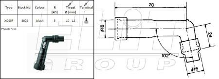 Трубка свічки запалювання, кут: 102°, довга, різьба: 10/12мм, з"єднання: гвинт, корпус: ебонітовий, колір трубки: чорн HONDA CB 1000/1000 (Pro Link)/1000F/1000K (Goldwing)/1000LTD (Goldwing)/1100 (Gol NGK XD05F