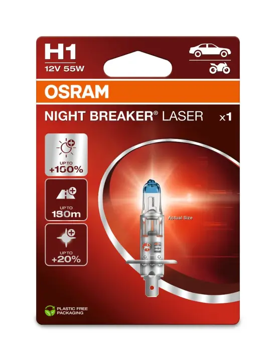 Лампа (упаковка-блістер 1шт) H1 12В 55Вт P14,5S (EN) up to 150% greater brightness (EN) up to 20% whiter light Night Breaker Laser, Білий OSRAM 64150NL-1BL (фото 1)