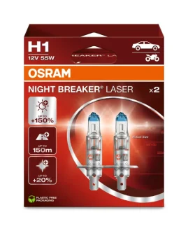 Лампа (Набір 2шт) H1 12В 55Вт P14,5S (EN) up to 150% greater brightness (EN) up to 20% whiter light Night Breaker Laser, Білий OSRAM 64150NL-2HB