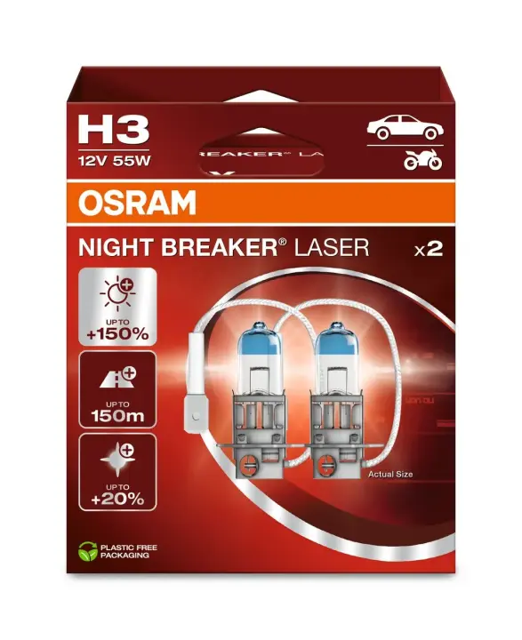 Лампа (Набір 2шт) H3 12В 55Вт PK22S (EN) up to 150% greater brightness (EN) up to 150m light beam (EN) up to 20% whiter light Night Breaker Laser, Білий OSRAM 64151NL-2HB (фото 1)