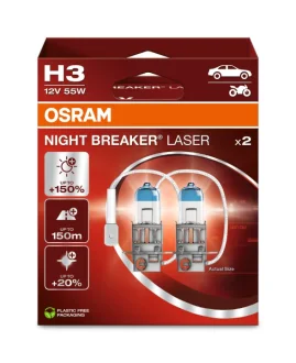 Лампа (Набір 2шт) H3 12В 55Вт PK22S (EN) up to 150% greater brightness (EN) up to 150m light beam (EN) up to 20% whiter light Night Breaker Laser, Білий OSRAM 64151NL-2HB