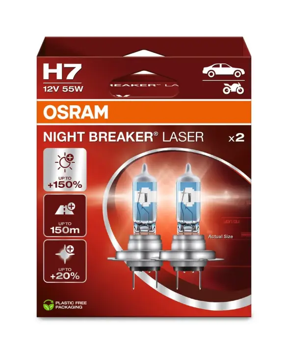 Лампа (Набір 2шт) H7 12В 55Вт PX26D (EN) up to 150% greater brightness (EN) up to 150m light beam (EN) up to 20% whiter light Night Breaker Laser, Білий OSRAM 64210NL2HB (фото 1)