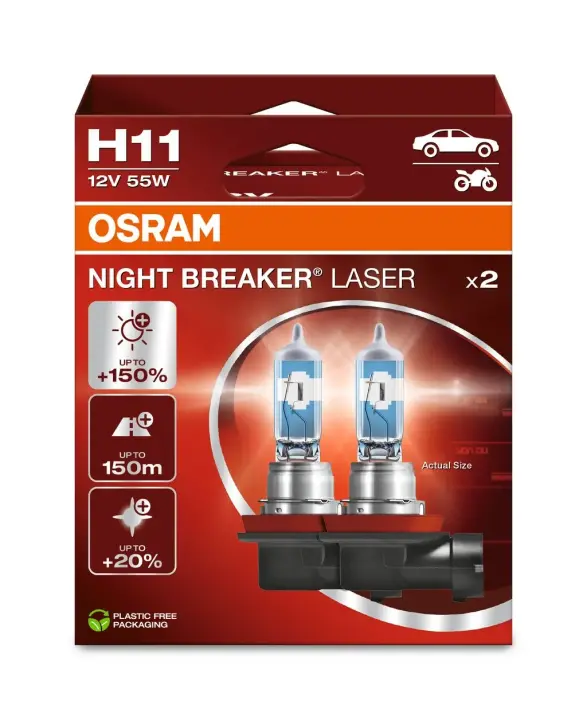 Лампа (Набір 2шт) H11 12В 55Вт PGJ 19-2 (EN) up to 150% greater brightness (EN) up to 150m light beam (EN) up to 20% whiter light Night Breaker Laser, Білий OSRAM 64211NL2HB (фото 1)