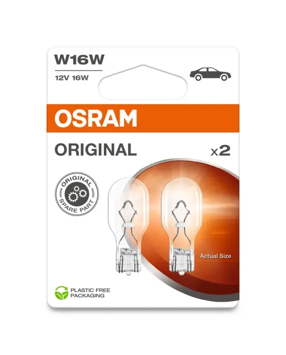 Лампа (упаковка-блістер 2шт) W16W 12В 16Вт W2,1X9,5D Standard OSRAM 921-2BL (фото 1)