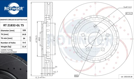 Диск тормозной передний (кратно 2) Lexus RX [328X49] (RT 21832-GL T5) ROTINGER RT21832GLT5