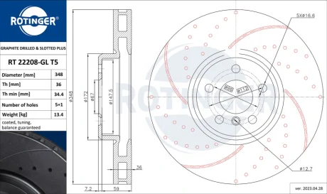Диск гальмівний передній правий BMW 3 (G20/G80/G28), 4 (G22/G82), 5 (G30/F90) [348X66 перфорир.] ROTINGER RT22208GLT5