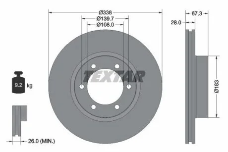 Диск гальмівний передн Лів/Прав (без маточини) LEXUS GX TOYOTA FORTUNER, HILUX VI, HILUX VII, LAND CRUISER 90, LAND CRUISER PRADO 2.4-4.6 08.97- TEXTAR 92137300