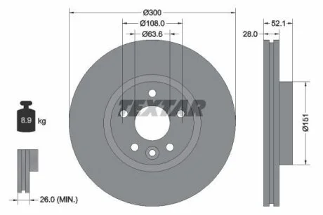 Диск гальмівний передн Лів/Прав VOLVO S60 II, S80 II, V60 I FORD MONDEO III 2.0D/2.4D 10.00-12.14 TEXTAR 92196903
