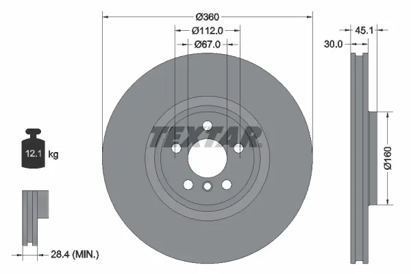 Диск гальмівний (передній) BMW X1 (F48)/X2 (F39) 14- (360x30) (L) B38/B47/B48 TEXTAR 92307303 (фото 1)