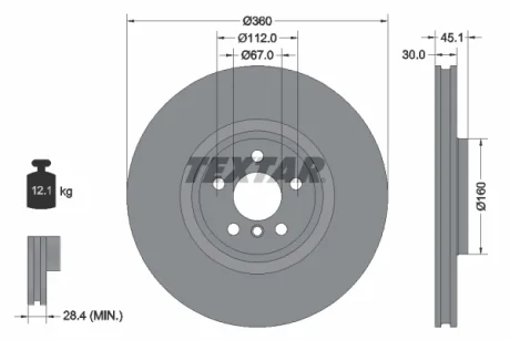 Диск гальмівний (передній) BMW X1 (F48)/X2 (F39) 14- (360x30) (L) B38/B47/B48 TEXTAR 92307303