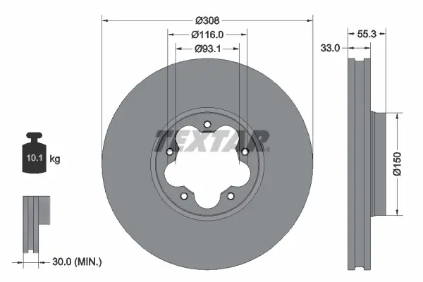 Диск гальмівний (передній) Ford Transit (V363) 13-/Custom (V362) 15- (308х33) PRO TEXTAR 92327303 (фото 1)