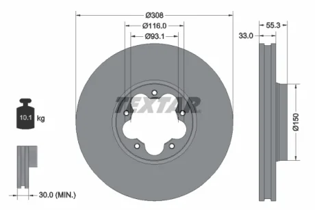 Диск гальмівний (передній) Ford Transit (V363) 13-/Custom (V362) 15- (308х33) PRO TEXTAR 92327303