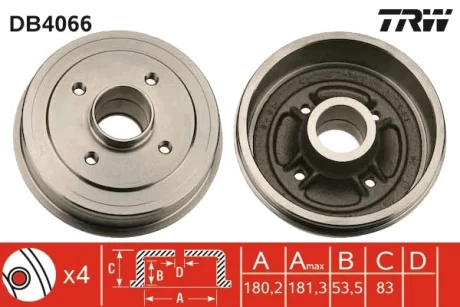 Гальмівний барабан задн RENAULT 11, 19 I, 19 I CHAMADE, 19 II, 19 II CHAMADE, 5, 9, CLIO I, SUPER 5, TWINGO I 1.0-1.9D 01.72-09.98 TRW DB4066