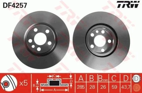Диск гальмівний (1 шт.) CITROEN/FIAT/LANCIA/PEUGEOT C8/Jumpy/Scudo/807/Expert F "99>> TRW DF4257