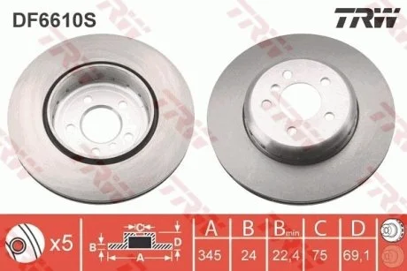 Диск тормозной BMW 5(F07,F10)/ 7(F01,F02) "R "D=345mm "08>> TRW DF6610S