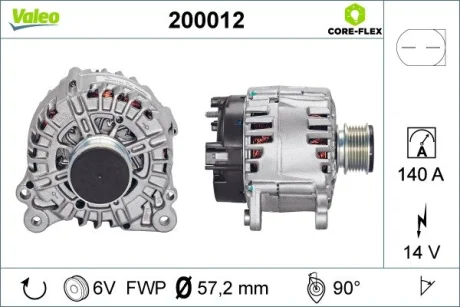 Генератор (14В, 150А, відновлений) AUDI A1, A3, A4 B6, A4 B7, A8 D4, Q3, TT CHRYSLER SEBRING DODGE AVENGER, CALIBER, JOURNEY FORD GALAXY I JEEP COMPASS, PATRIOT SEAT ALHAMBRA 1.0-4.2 09.95- Valeo 200012