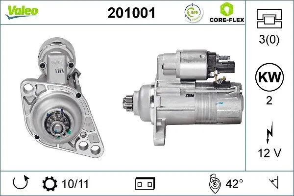Стартер (12В, 2кВт, відновлений) AUDI A3, TT SEAT ALTEA, ALTEA XL, CORDOBA, IBIZA III, IBIZA IV, IBIZA IV SC, LEON, TOLEDO III SKODA FABIA I, FABIA I PRAKTIK, FABIA II, OCTAVIA II 1.4-2.0D 10.99- Valeo 201001 (фото 1)