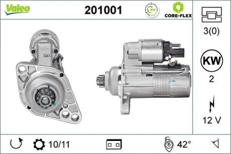 Стартер (12В, 2кВт, відновлений) AUDI A3, TT SEAT ALTEA, ALTEA XL, CORDOBA, IBIZA III, IBIZA IV, IBIZA IV SC, LEON, TOLEDO III SKODA FABIA I, FABIA I PRAKTIK, FABIA II, OCTAVIA II 1.4-2.0D 10.99- Valeo 201001