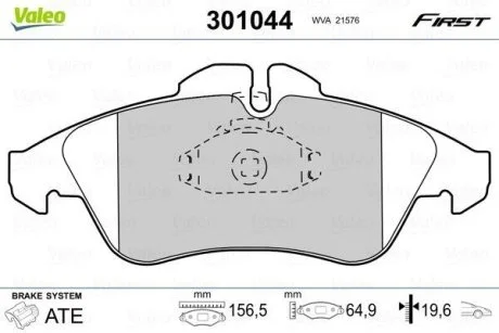 Тормозные колодки дисковые MB/VW Sprinter/V-Class/Vito/LT "2,0-2,9 "F "95-06 Valeo 301044