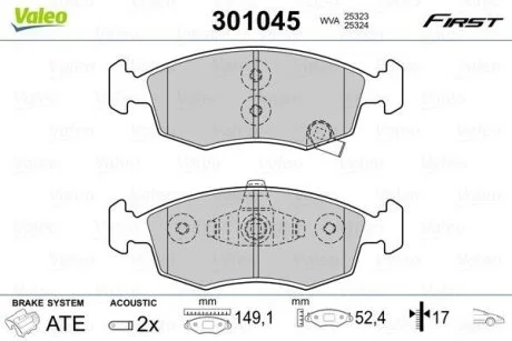 Тормозные колодки дисковые FIAT/LANCIA Panda/Ypsilon "0,9-1,3 "F "11>> Valeo 301045