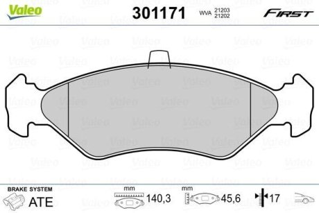 Тормозные колодки дисковые FORD Fiesta "1,0-1,8 "F "89-08 Valeo 301171