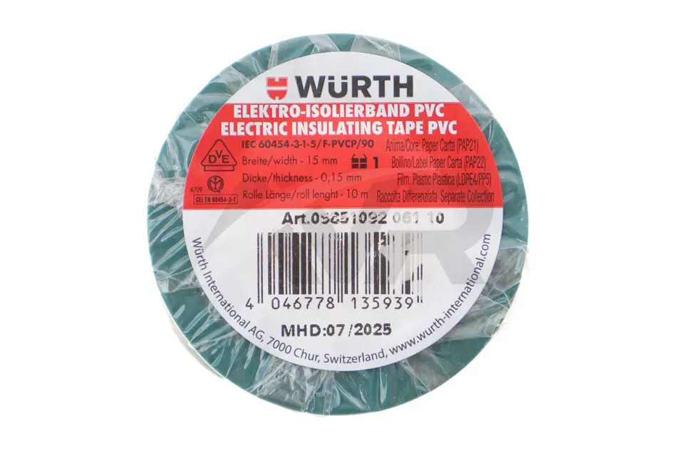 Електроізоляційна стрічка зелена 15мм/10м {арт. } WURTH 09851092 (фото 1)